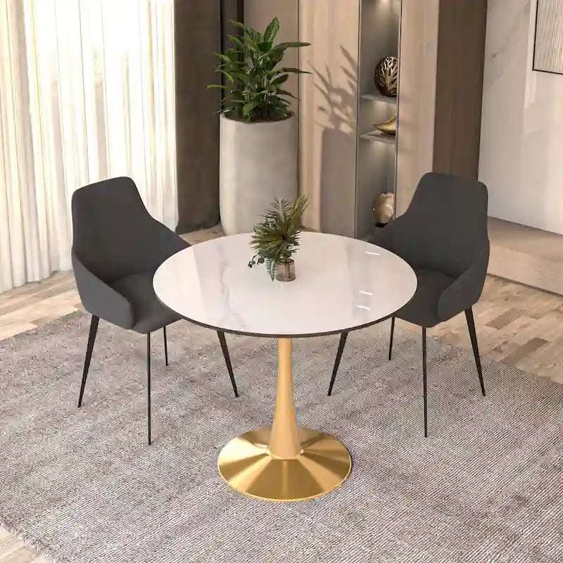 Bristol 31 Round Dining Table for 4 with Sintered Stone Tabletop in Gold Steel Base for Kitchen & Dining Room