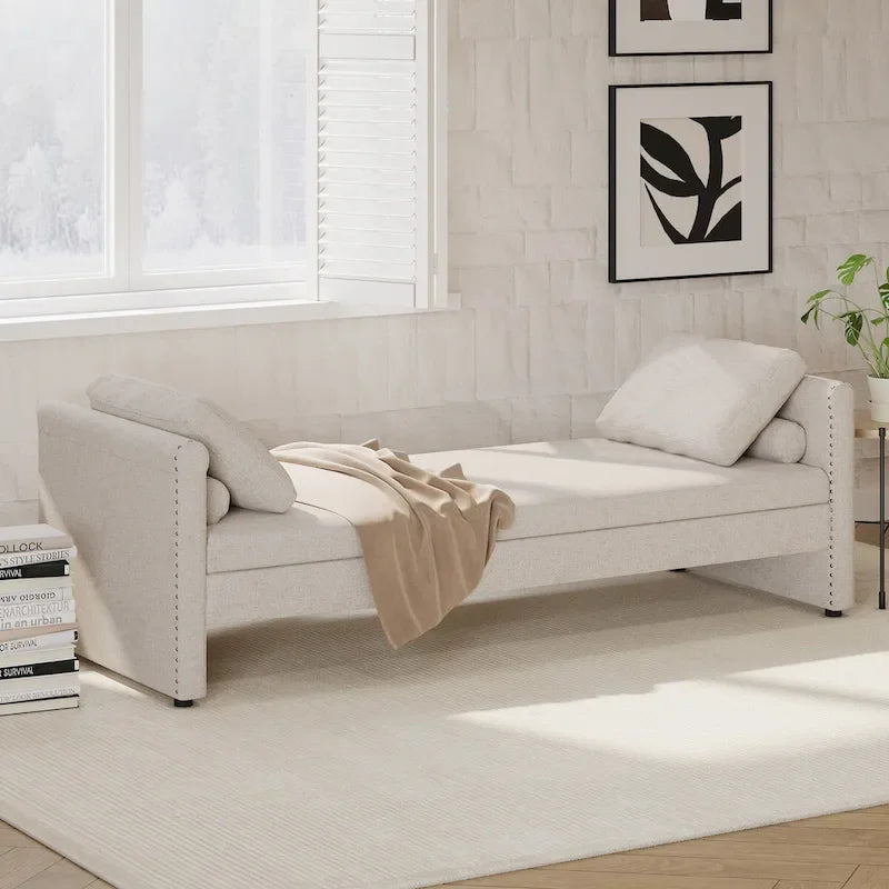 Modern Upholstered Chaise Lounger Daybed with Pillows Small Single Daybed,No Mattress Needed,Linen Fabric