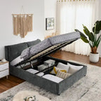 Chenille Upholstered Queen Storage Bed with Hydraulic Lift and Integrated Headboard