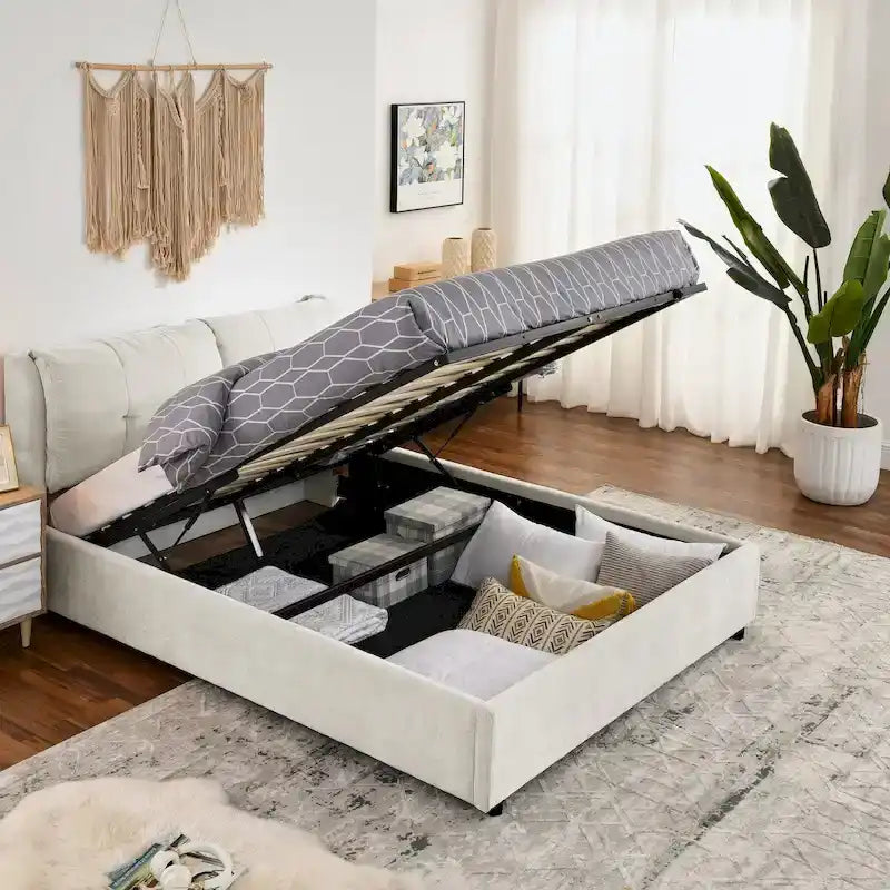 Chenille Upholstered Queen Storage Bed with Hydraulic Lift and Integrated Headboard