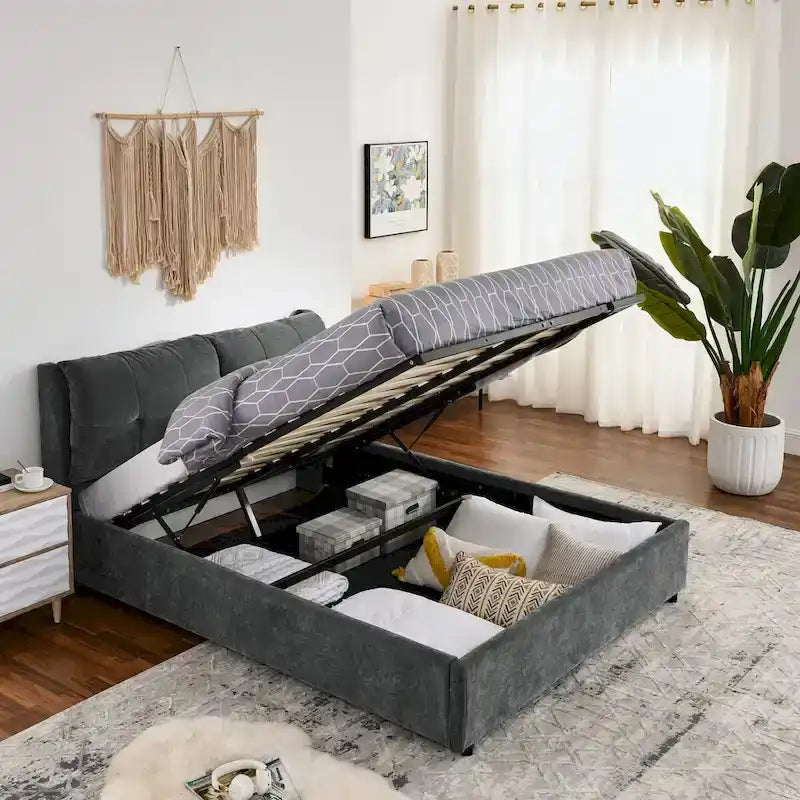 Chenille Upholstered Queen Storage Bed with Hydraulic Lift and Integrated Headboard