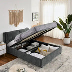 Chenille Upholstered Queen Storage Bed with Hydraulic Lift and Integrated Headboard