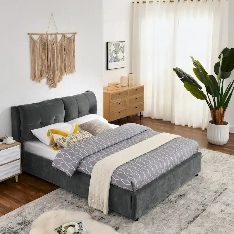 Chenille Upholstered Queen Storage Bed with Hydraulic Lift and Integrated Headboard