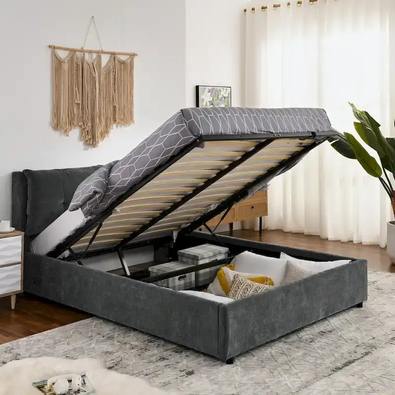 Chenille Upholstered Queen Storage Bed with Hydraulic Lift and Integrated Headboard