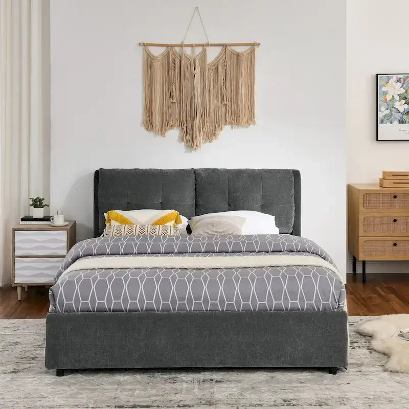 Chenille Upholstered Queen Storage Bed with Hydraulic Lift and Integrated Headboard