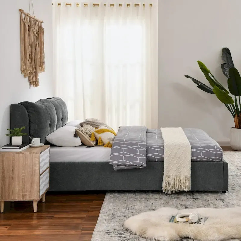 Chenille Upholstered Queen Storage Bed with Hydraulic Lift and Integrated Headboard