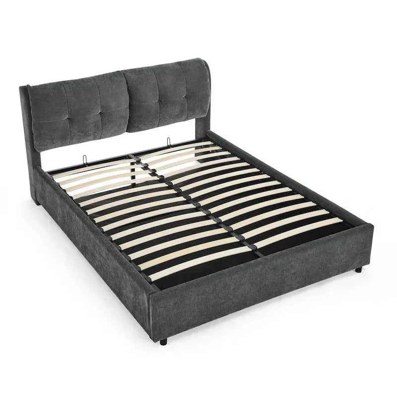 Chenille Upholstered Queen Storage Bed with Hydraulic Lift and Integrated Headboard