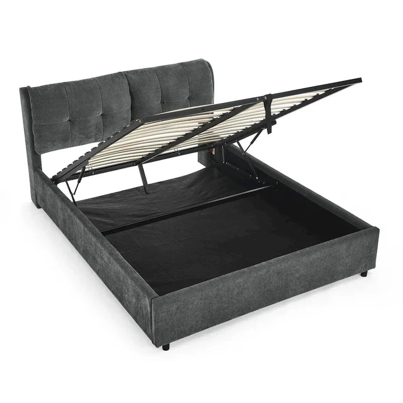 Chenille Upholstered Queen Storage Bed with Hydraulic Lift and Integrated Headboard
