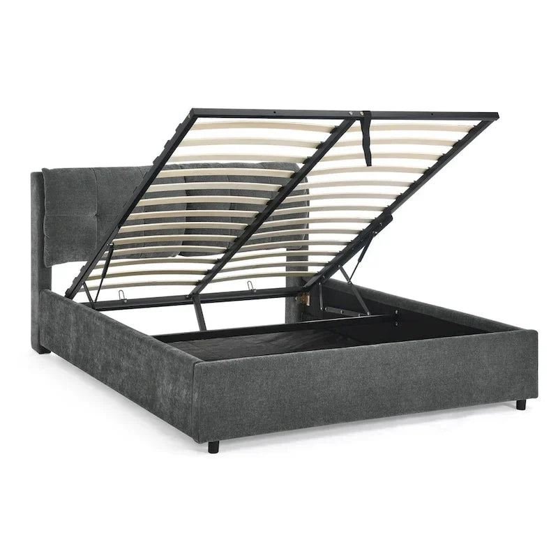 Chenille Upholstered Queen Storage Bed with Hydraulic Lift and Integrated Headboard