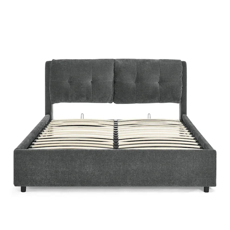 Chenille Upholstered Queen Storage Bed with Hydraulic Lift and Integrated Headboard