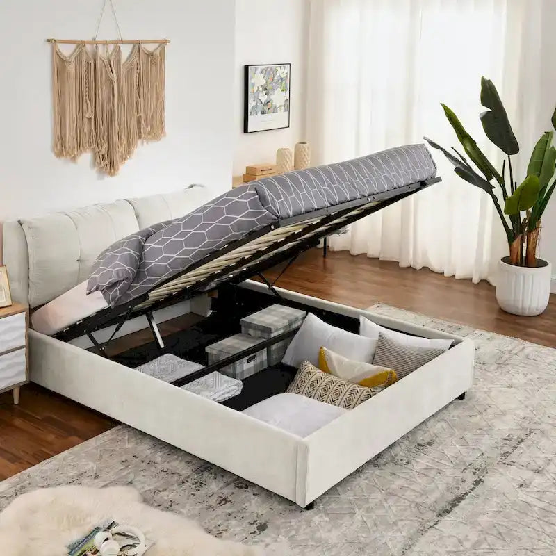 Chenille Upholstered Queen Storage Bed with Hydraulic Lift and Integrated Headboard