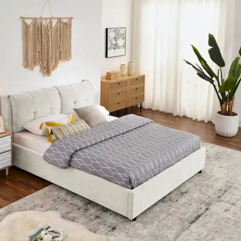 Chenille Upholstered Queen Storage Bed with Hydraulic Lift and Integrated Headboard