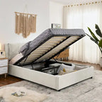 Chenille Upholstered Queen Storage Bed with Hydraulic Lift and Integrated Headboard
