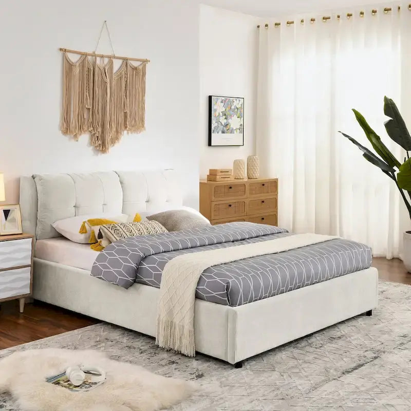 Chenille Upholstered Queen Storage Bed with Hydraulic Lift and Integrated Headboard