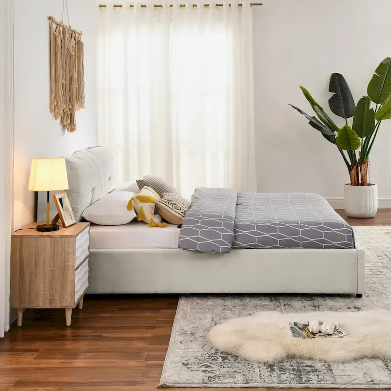 Chenille Upholstered Queen Storage Bed with Hydraulic Lift and Integrated Headboard