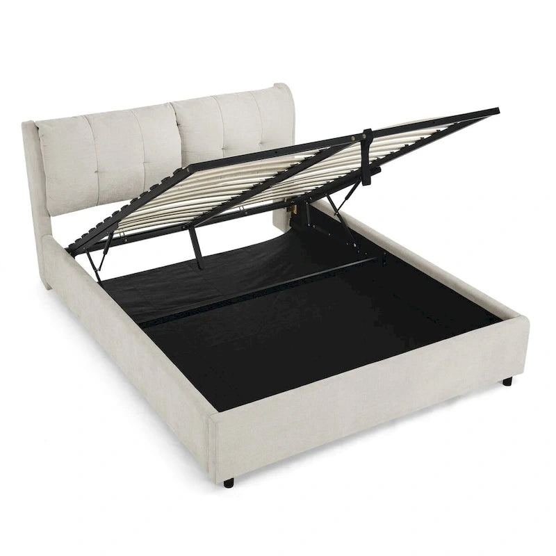 Chenille Upholstered Queen Storage Bed with Hydraulic Lift and Integrated Headboard