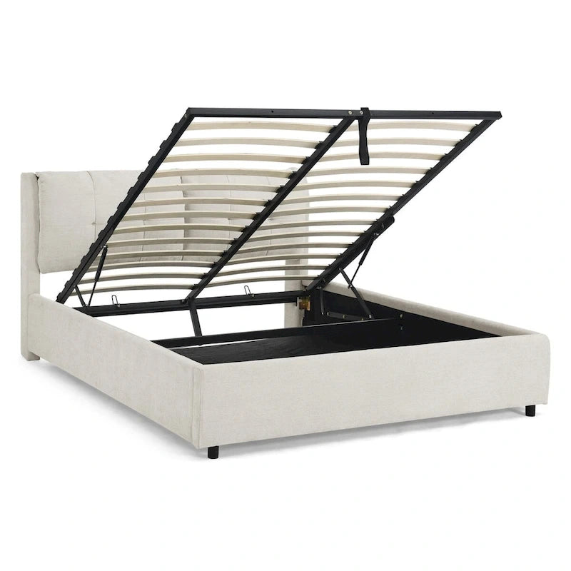 Chenille Upholstered Queen Storage Bed with Hydraulic Lift and Integrated Headboard