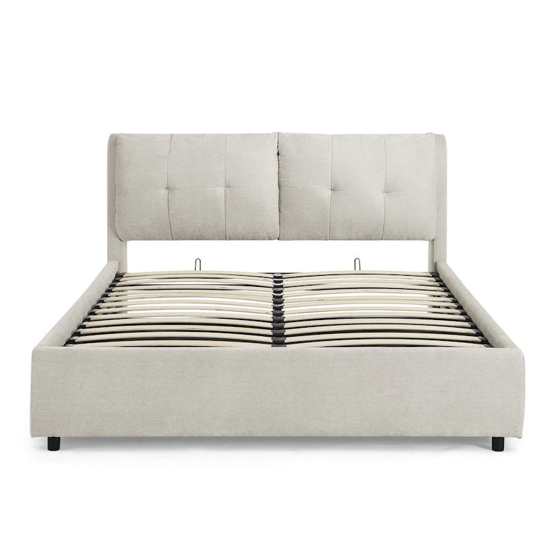 Chenille Upholstered Queen Storage Bed with Hydraulic Lift and Integrated Headboard